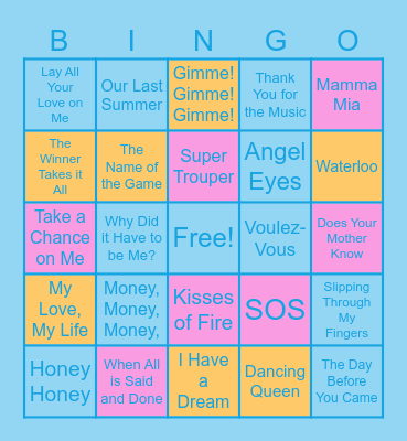 Mamma Mia Songs Bingo Card