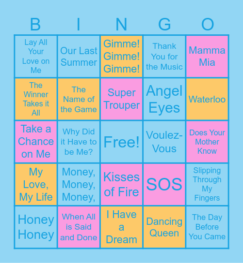 Mamma Mia Songs Bingo Card