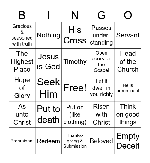 Colossians Review - Give Him the Highest Place Bingo Card