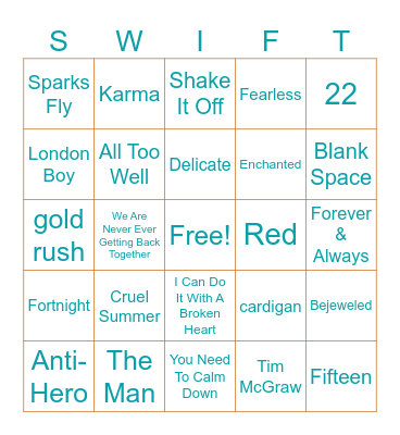 Taylor Swift Bingo Card