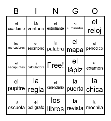 Los materiales escolares Bingo Card