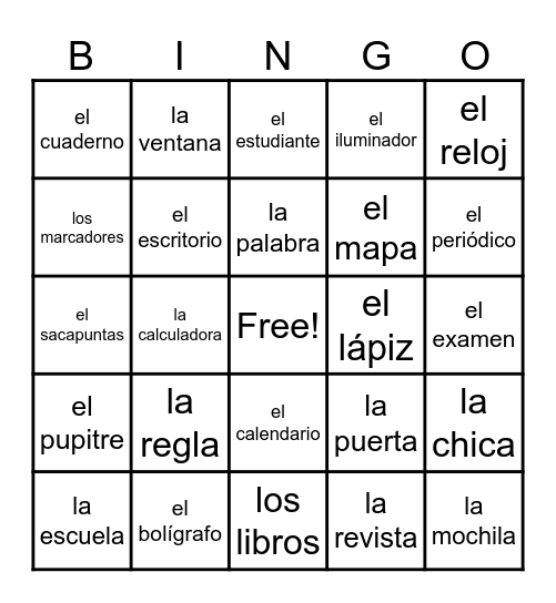 Los materiales escolares Bingo Card