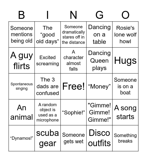 Mamma Mia Movie Bingo Card