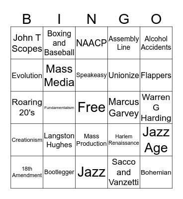 Jazz Age Bingo Card