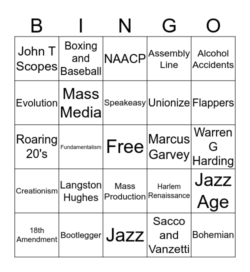 Jazz Age Bingo Card