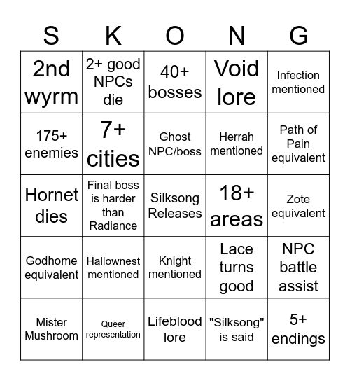Silksong Bingo Card