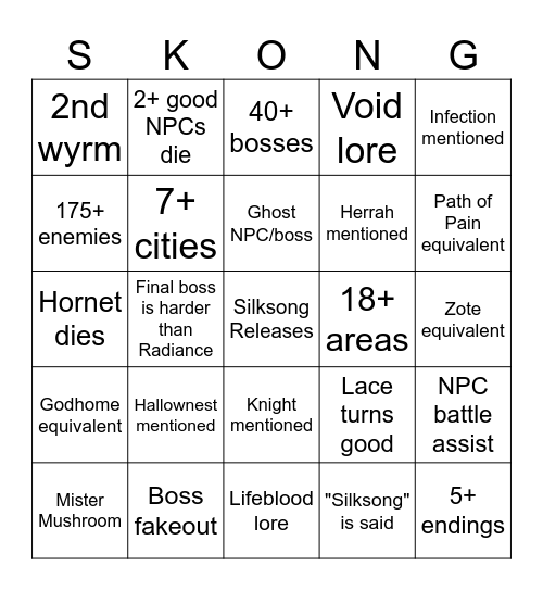 Silksong Bingo Card