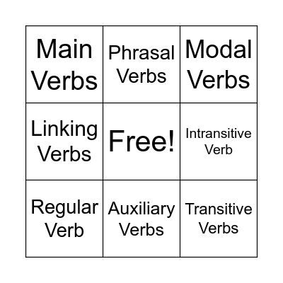 Verbs Bingo Answer Bingo Card