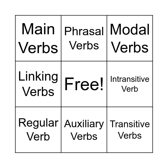 Verbs Bingo Answer Bingo Card