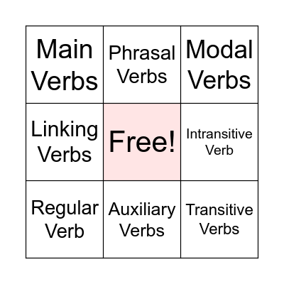 Verbs Bingo Answer Bingo Card