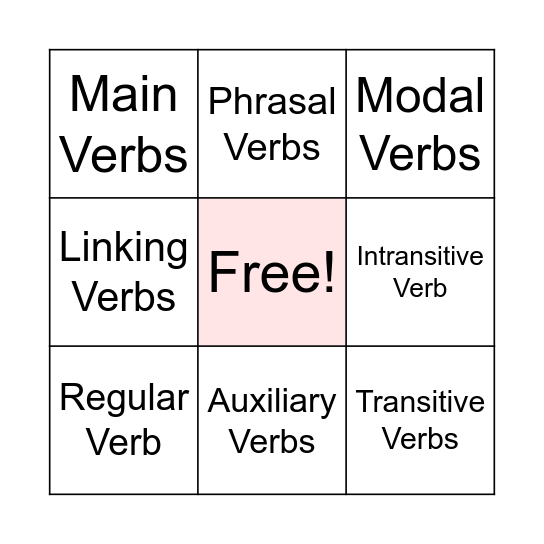 Verbs Bingo Answer Bingo Card