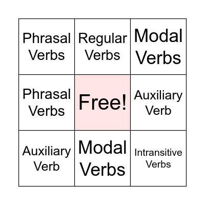 Verbs Bingo Answer Bingo Card