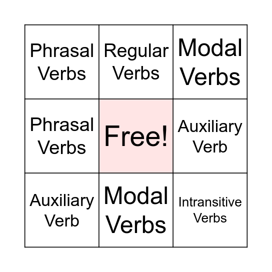 Verbs Bingo Answer Bingo Card