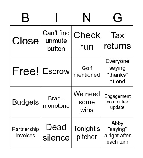 Finance Call Bingo Card