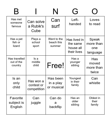 Fun Facts Bingo Card