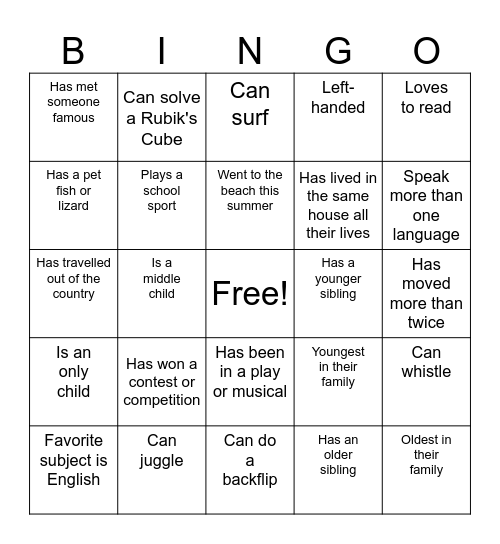Fun Facts Bingo Card