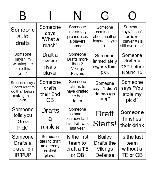 Fantasy Football Bingo Card