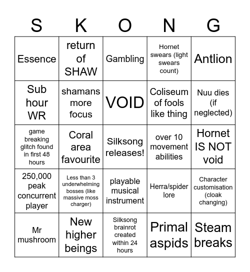 Silking the song Bingo Card
