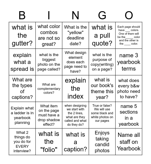 Yearbook Copy/Design Review Bingo Card