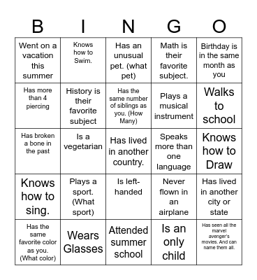 High School Classmate Bingo Card