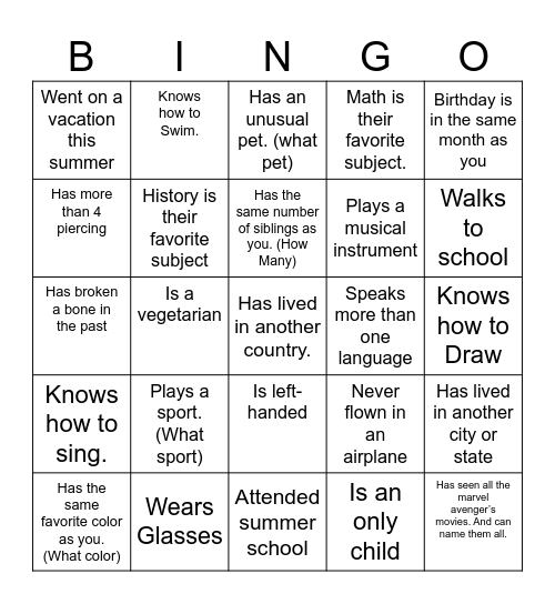 High School Classmate Bingo Card