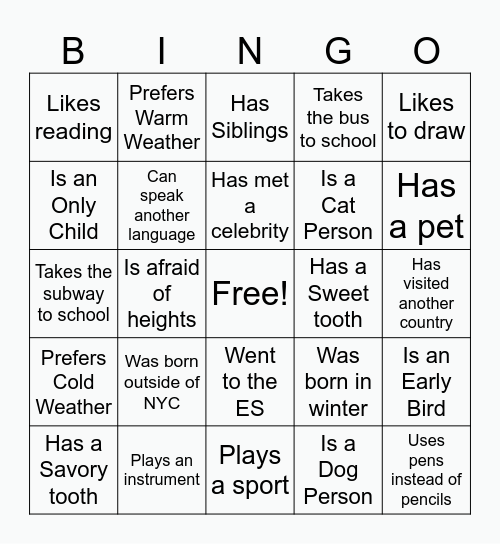 Class of 2031 Orientation Bingo Card
