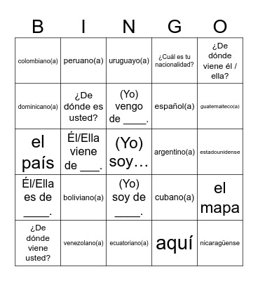 ¿De dónde eres? Bingo Card