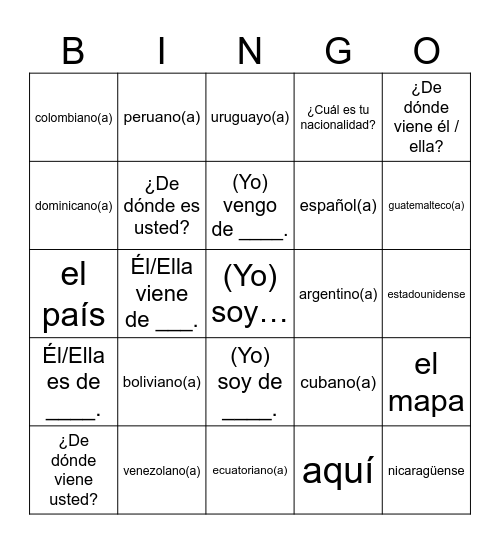 ¿De dónde eres? Bingo Card