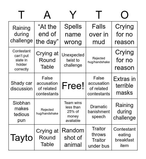Traitors Ireland Bingo Card