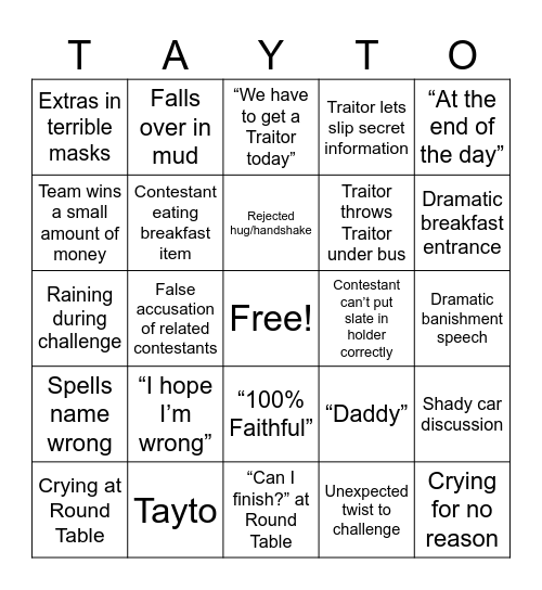 Traitors Ireland Bingo Card
