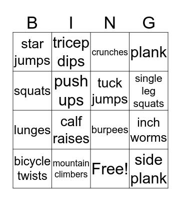 Fitness Bingo Card
