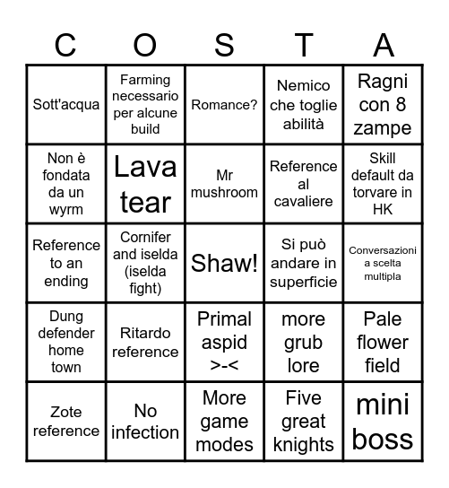 Sleaksong Bingo Card
