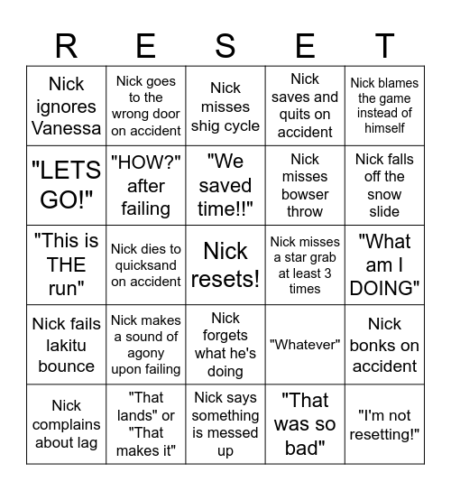 Nick resets bingo! Bingo Card