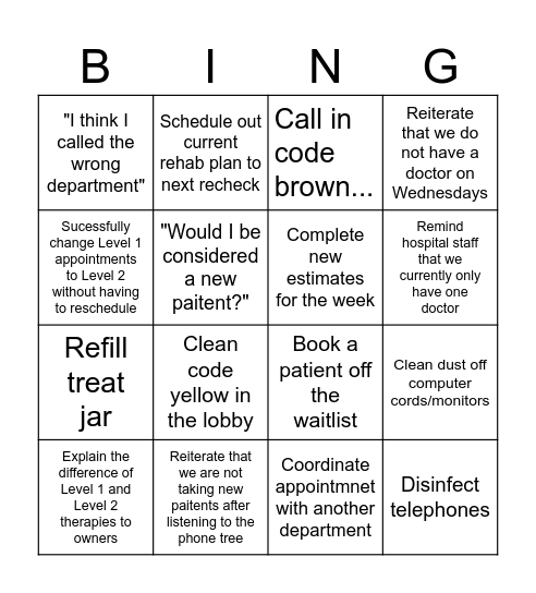 Rehab BINGO Card
