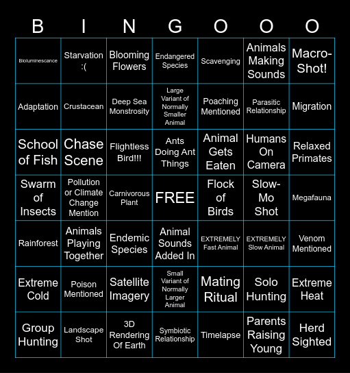 Nature Documentary Bingo Card