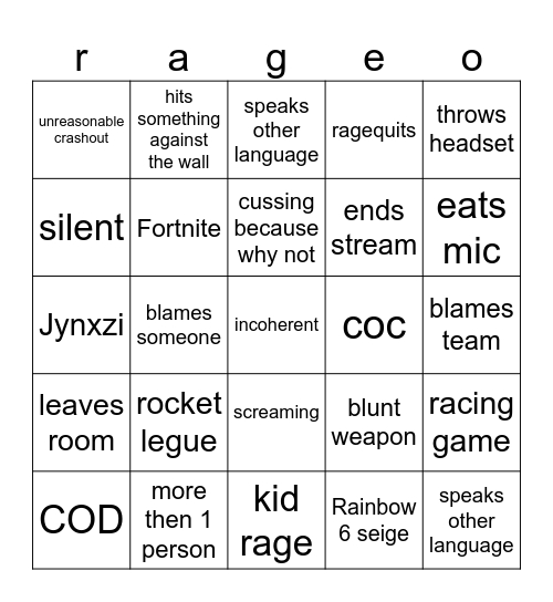 rage Bingo Card