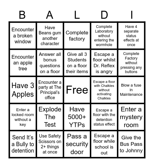 Baldi’s Basics Plus v0.12 Bingo Card! Bingo Card