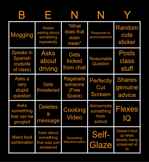Our Very Own Benny Boy Bingo Card