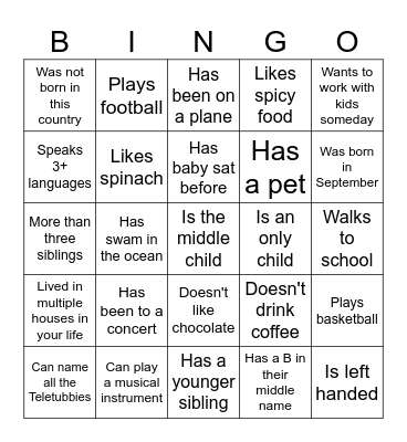 Get To Know You're Class Bingo Card