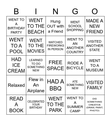Summer Break Bingo Card