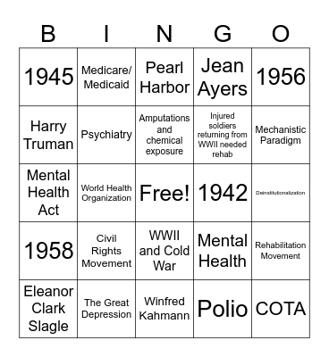 History of OT: 1940s-1960s Bingo Card