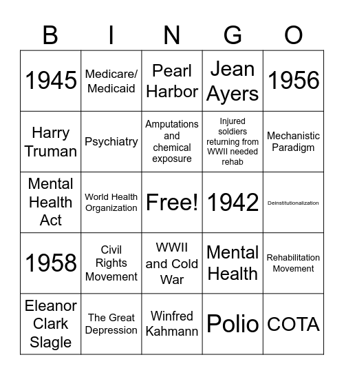 History of OT: 1940s-1960s Bingo Card