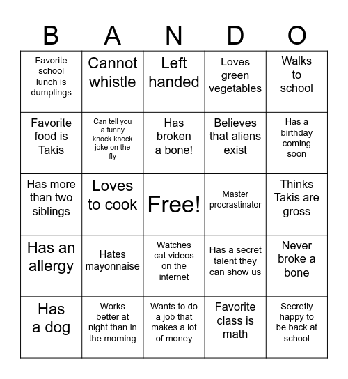 Friendship Edition Bingo Card