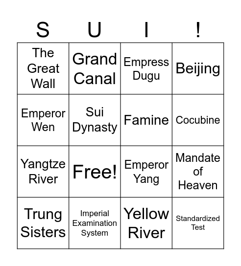 The Sui Rise and Fall Bingo Card