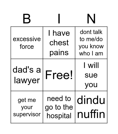 Detention Bingo Card