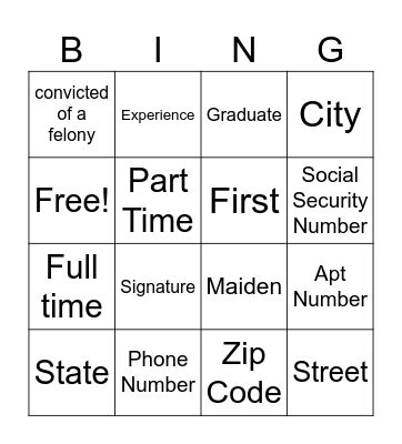 Job Application Bingo Card