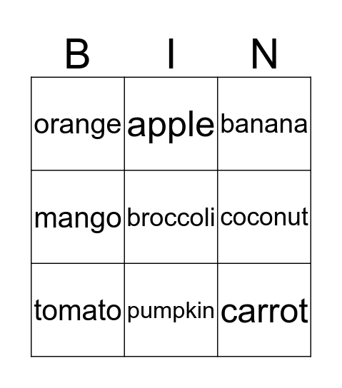 Fruits and Vegetables Bingo Card