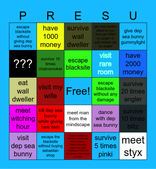 ROBLOX PRESSURE Bingo Card