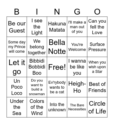 Disney Music Bingo Card