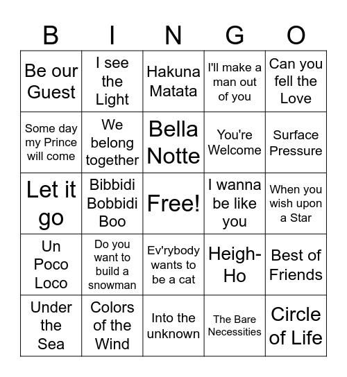 Disney Music Bingo Card